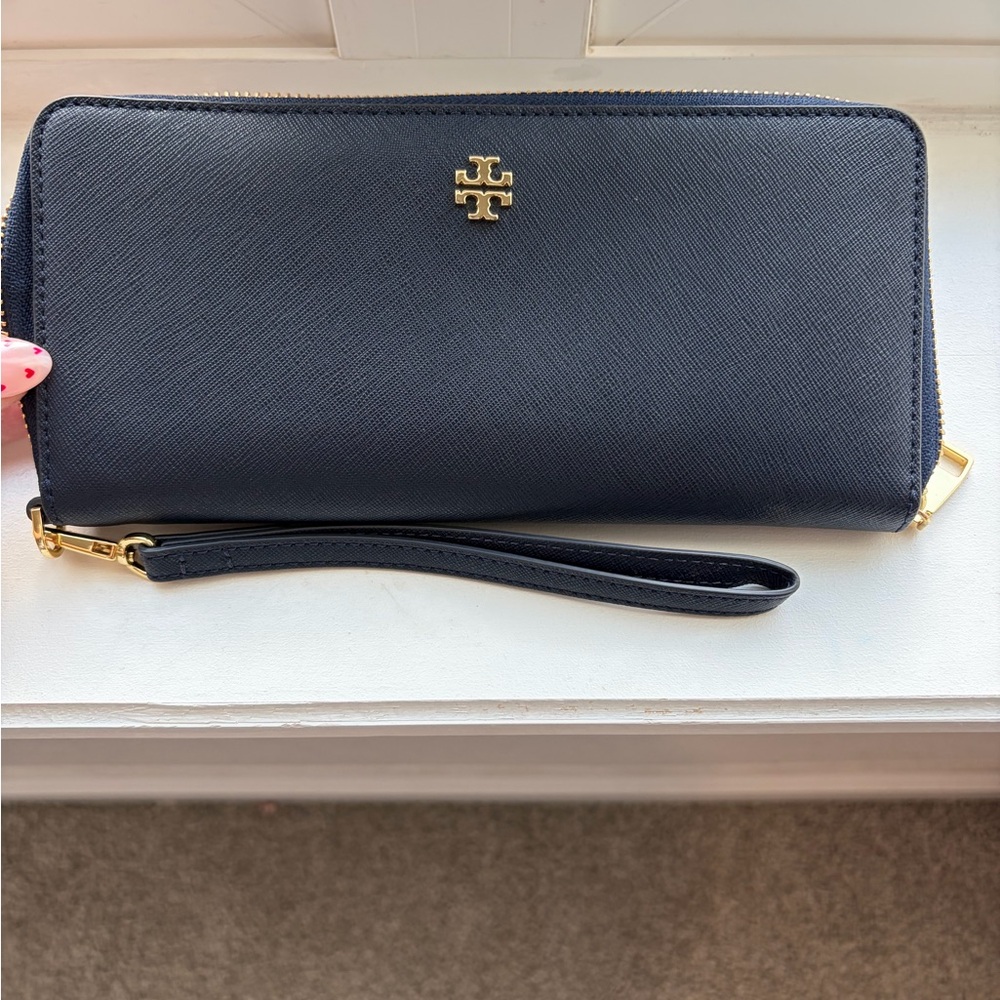 Tory Burch Dark Blue Wristlet with Gold Accents